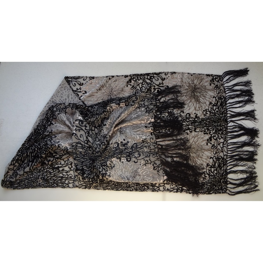 J8X NYC Gray & Black Floral Scarf Shawl with Fringe Silk Viscose - Picture 1 of 3